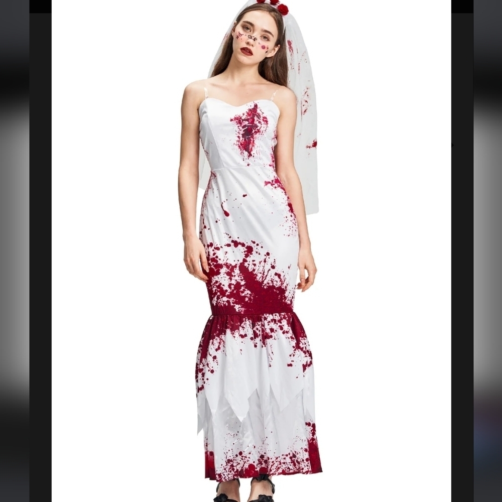 Zombie Bride Fishtail Blood Splattered Dress With Veil NWT - Picture 2 of 16